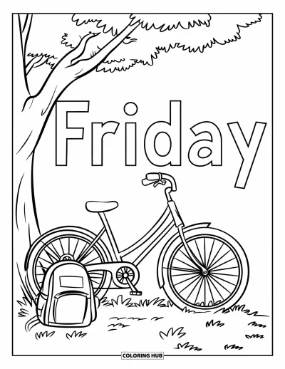 Coloriage de vendredi pour enfants : Un vélo près d'un arbre, un sac à dos par terre et "Friday" écrit au-dessus