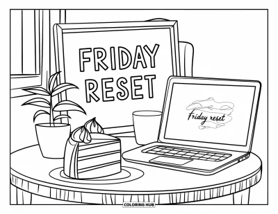 Coloriage de vendredi pour enfants : Un gâteau, un ordinateur portable et une pancarte "Friday Reset" sur une table de café accueillante