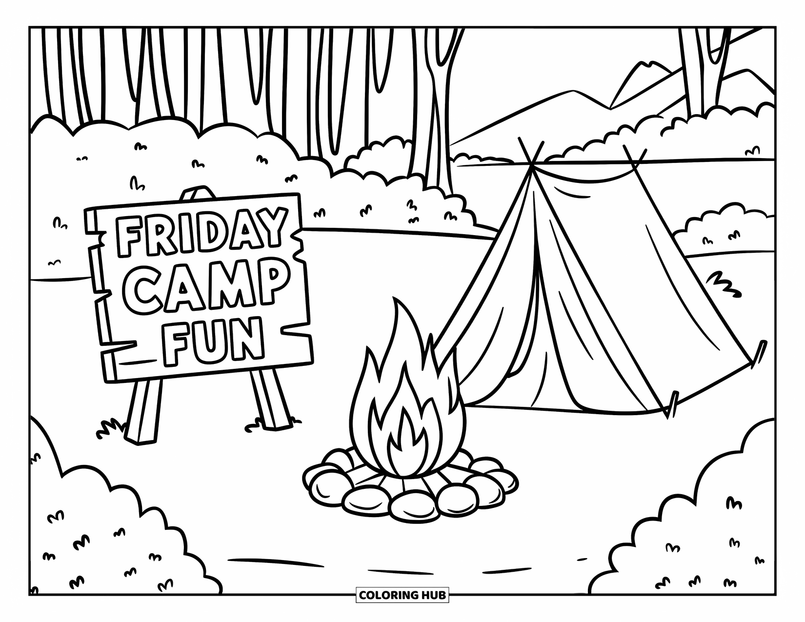 Friday Coloring Page for Kids: Campfire and tent with wooden sign saying "Friday Camp Fun"