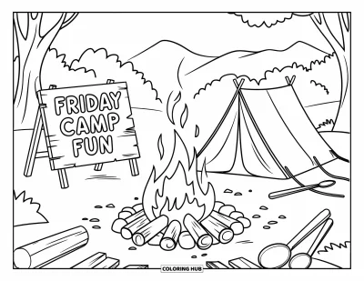 Coloriage de vendredi pour enfants : Un feu de camp, une tente, une pancarte "Friday Camp Fun", du matériel de cuisine, des arbres et des montagnes