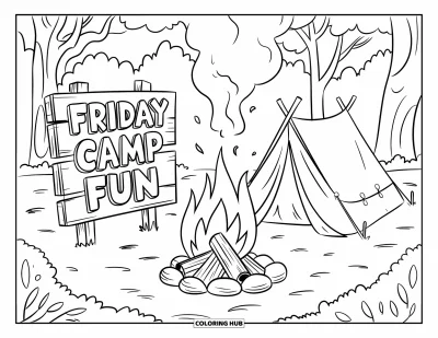 Coloriage de vendredi pour enfants : Un feu de camp, une tente, une pancarte en bois "Friday Camp Fun", des arbres et des feuilles tombées