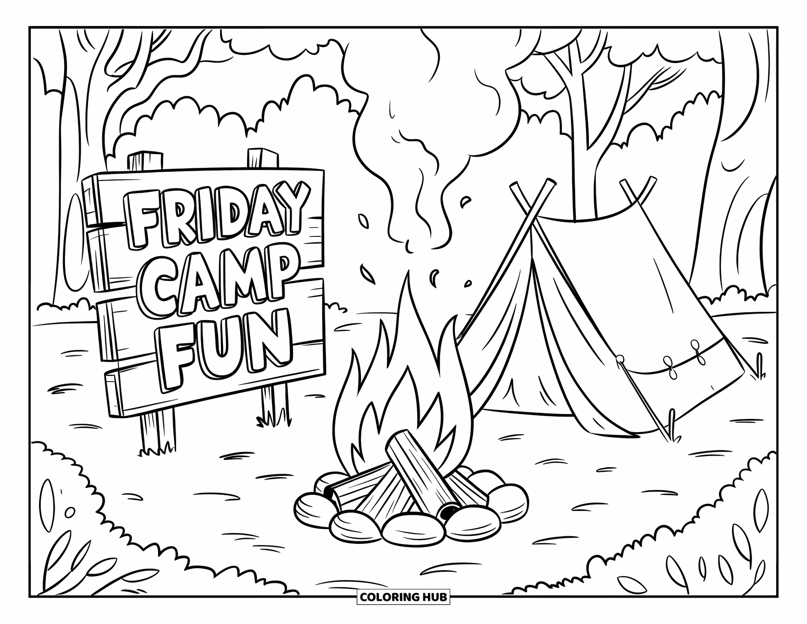 Friday Coloring Page for Kids: Campfire, tent, wooden sign "Friday Camp Fun," trees, and fallen leaves