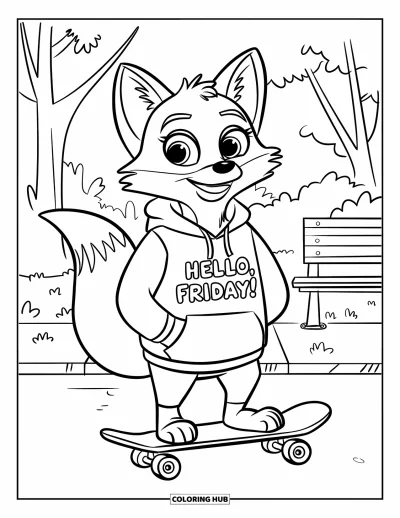 Coloriage de vendredi pour enfants : Un renard cartoon sur skateboard portant un sweat "Hello, Friday!" dans un parc