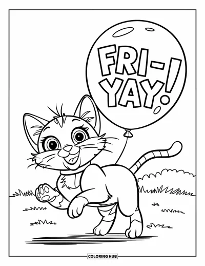 Coloriage de vendredi pour enfants : Un chat aux grands yeux et un collier saute près d'un ballon "Fri-YAY!" au-dessus d'un champ verdoyant