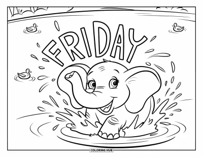 Coloriage de vendredi pour enfants : Un éléphant joyeux éclabousse de l'eau en formant le mot "Friday" avec des canards sur un lac paisible