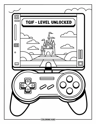 Coloriage de vendredi pour enfants : Une manette avec de grands boutons, un écran de jeu "TGIF - Level Unlocked", un château et des nuages