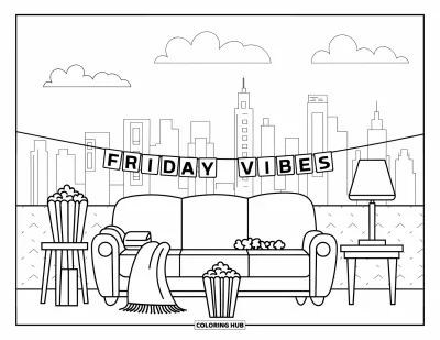 Coloriage de vendredi pour enfants : Un canapé, une couverture, du popcorn, une boisson et une banderole "Friday Vibes" sur fond de skyline