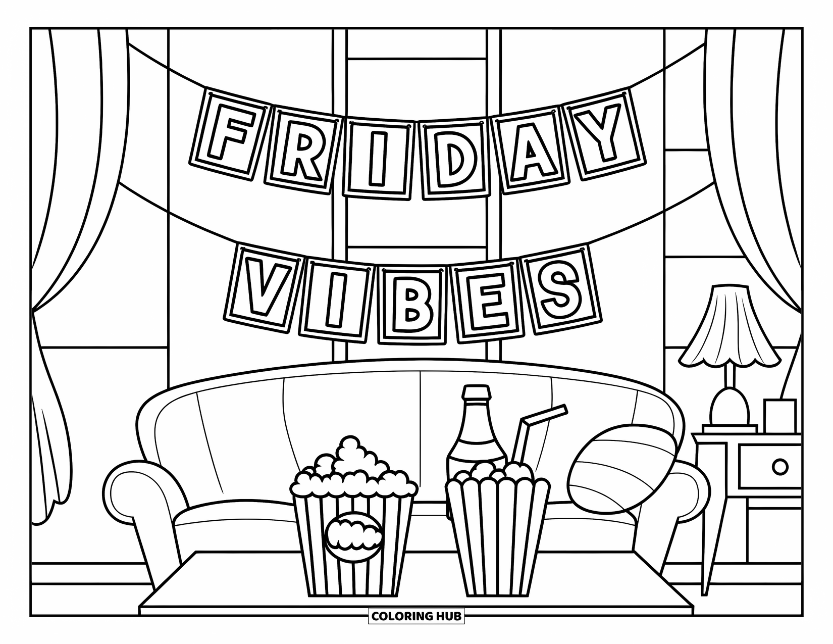 Friday Coloring Page for Kids: Cozy movie night scene with popcorn, soda, couch, and "Friday Vibes" banner
