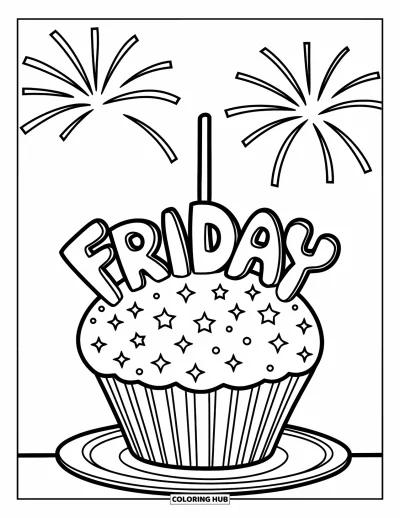Coloriage de vendredi pour enfants : Un cupcake sur assiette avec des paillettes, des feux d'artifice et "Friday" dessus