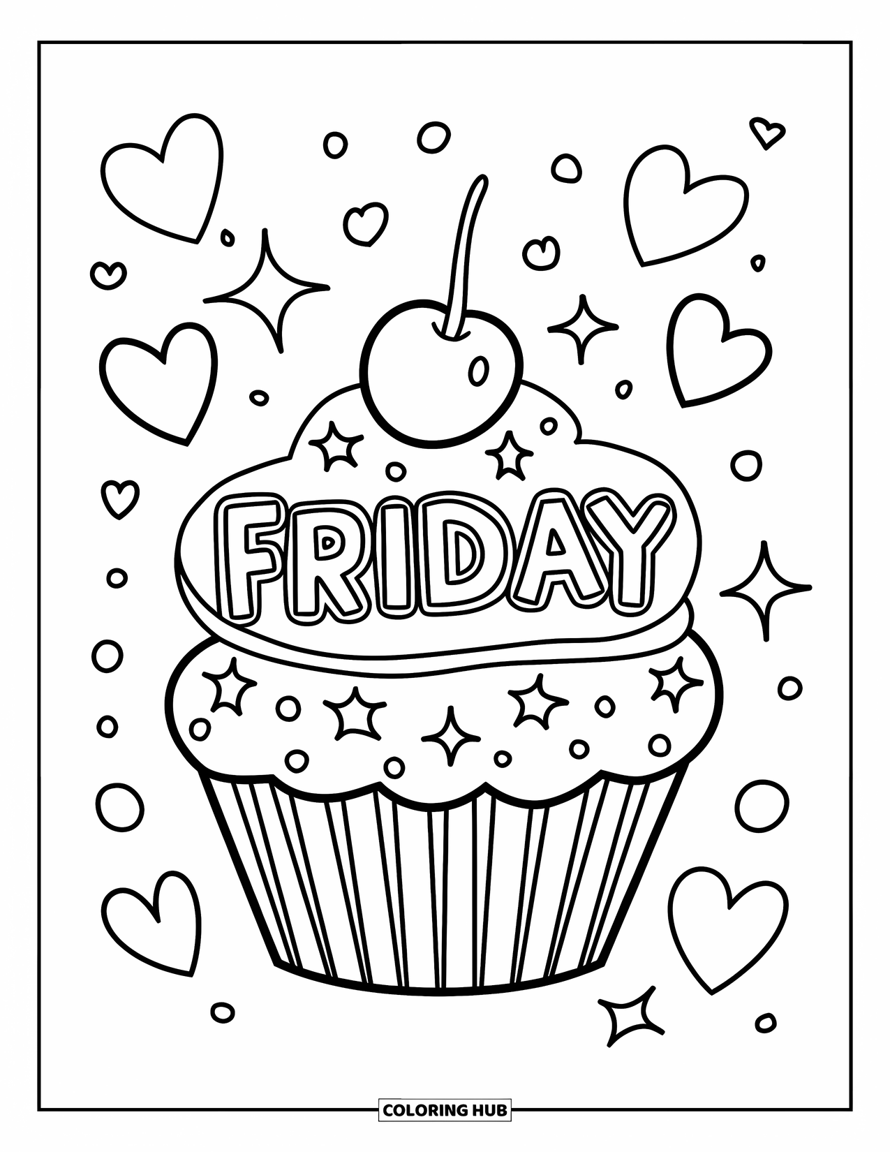 Friday Coloring Page for Kids: Cupcake topped with "Friday," sparkles, cherry, confetti, and hearts
