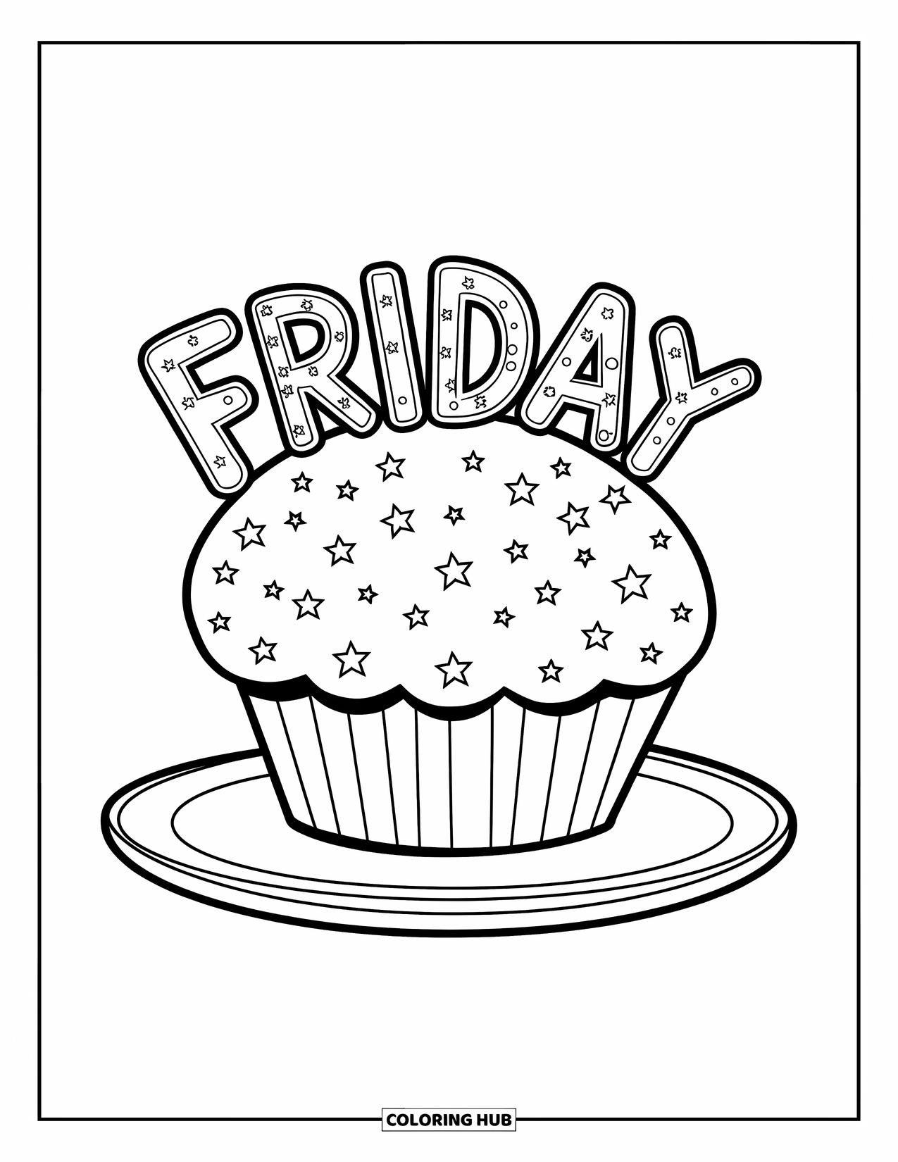 Friday Coloring Page for Kids: Cupcake with "Friday" written on top and sparkles around