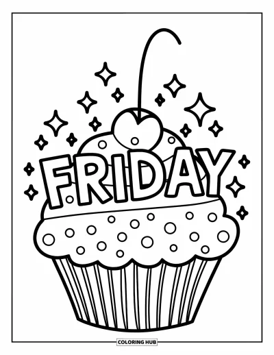 Coloriage de vendredi pour enfants : Un cupcake avec des paillettes et le mot "Friday" sur le dessus