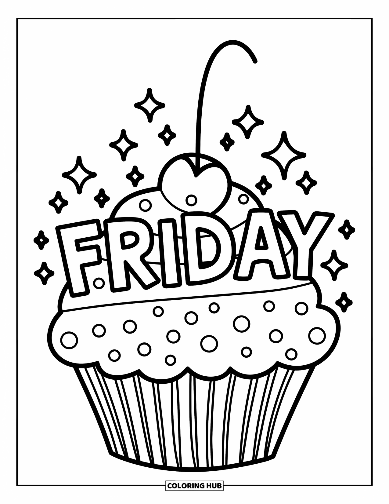 Friday Coloring Page for Kids: Cupcake with sparkles and the word "Friday" on top