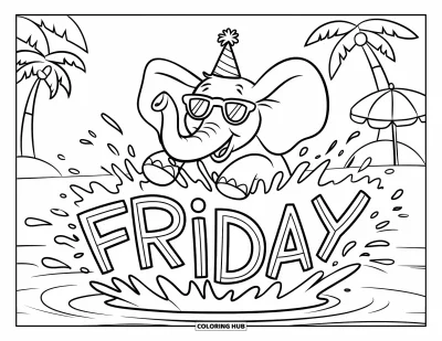 Coloriage de vendredi pour enfants : Un éléphant en chapeau de fête et lunettes de soleil éclabousse "Friday" avec des palmiers et un parasol