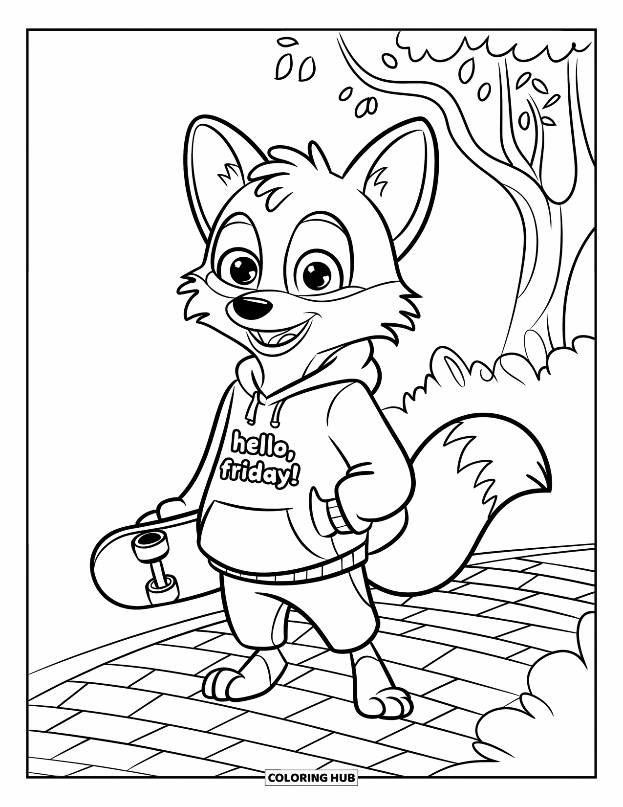Friday Coloring Page for Kids: Fox with skateboard and "Hello, Friday!" hoodie on a brick path