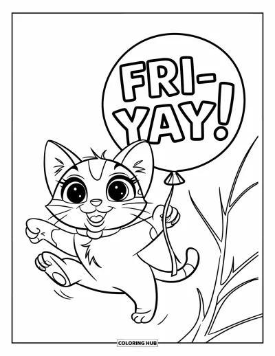 Coloriage de vendredi pour enfants : Un chat espiègle qui saute près d'un ballon "Fri-YAY!" attaché à une branche