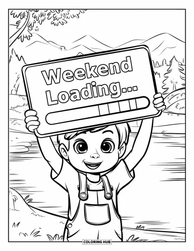 Coloriage de vendredi pour enfants : Un enfant tenant une pancarte "Weekend Loading" avec une barre de chargement dans un paysage serein