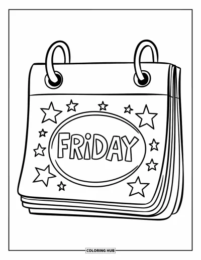 Coloriage de vendredi pour enfants : Un grand calendrier mural avec "FRIDAY" entouré et des étoiles tout autour