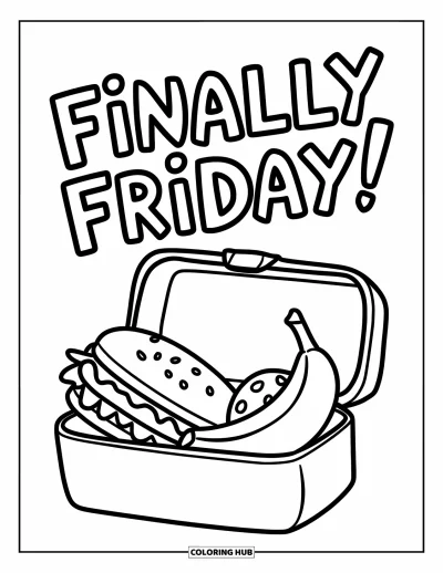 Coloriage de vendredi pour enfants : Une boîte à lunch avec un sandwich, une banane, un biscuit et "Finally Friday!" au-dessus