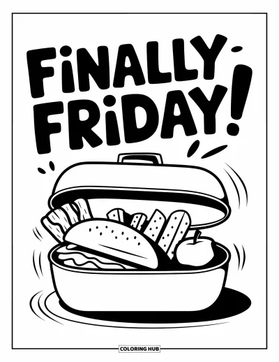 Coloriage de vendredi pour enfants : Une boîte à lunch avec un sandwich, des chips, des fruits et "Finally Friday!" écrit au-dessus