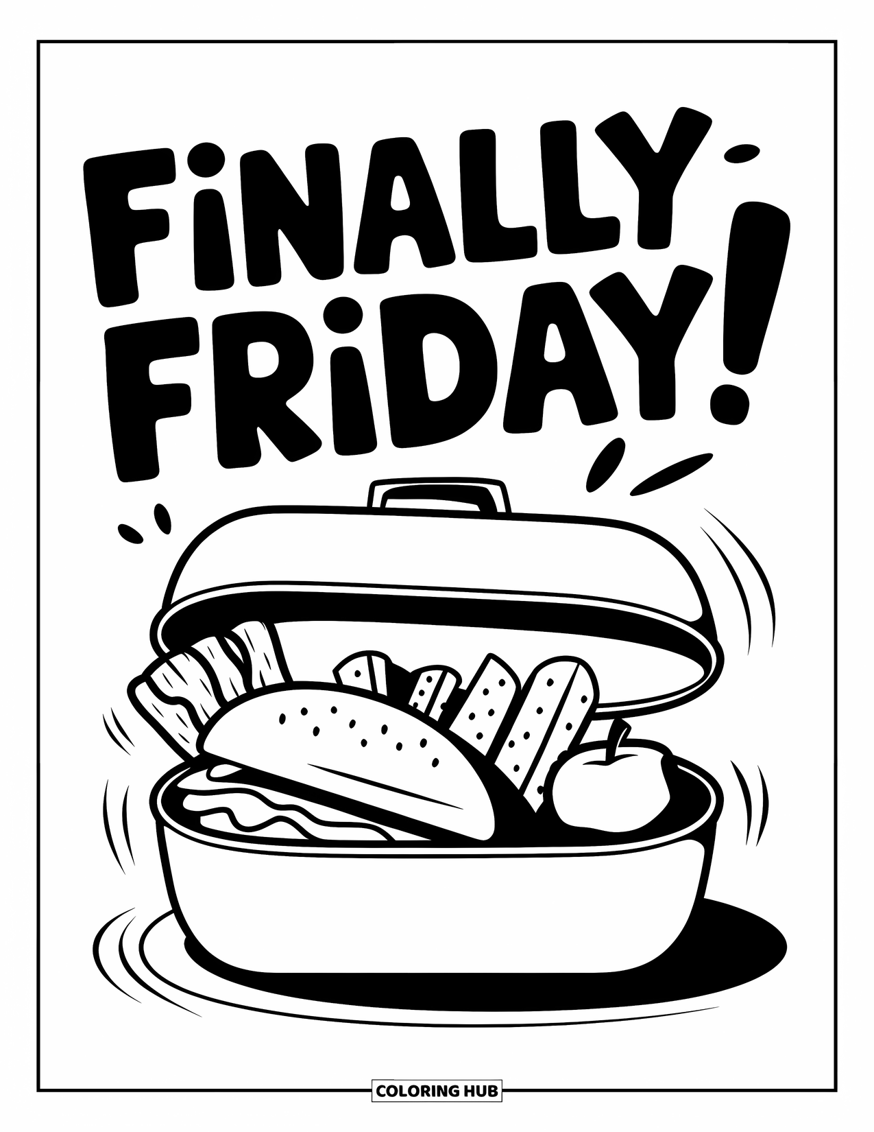 Friday Coloring Page for Kids: Lunchbox with sandwich, chips, fruit, and "Finally Friday!" above