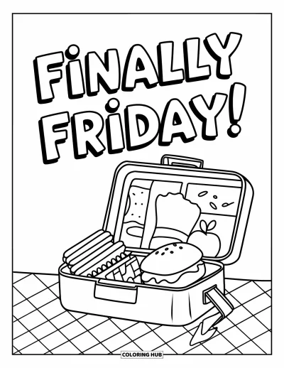 Coloriage de vendredi pour enfants : Une boîte à lunch ouverte avec un sandwich, des chips, des fruits et "Finally Friday!" au-dessus