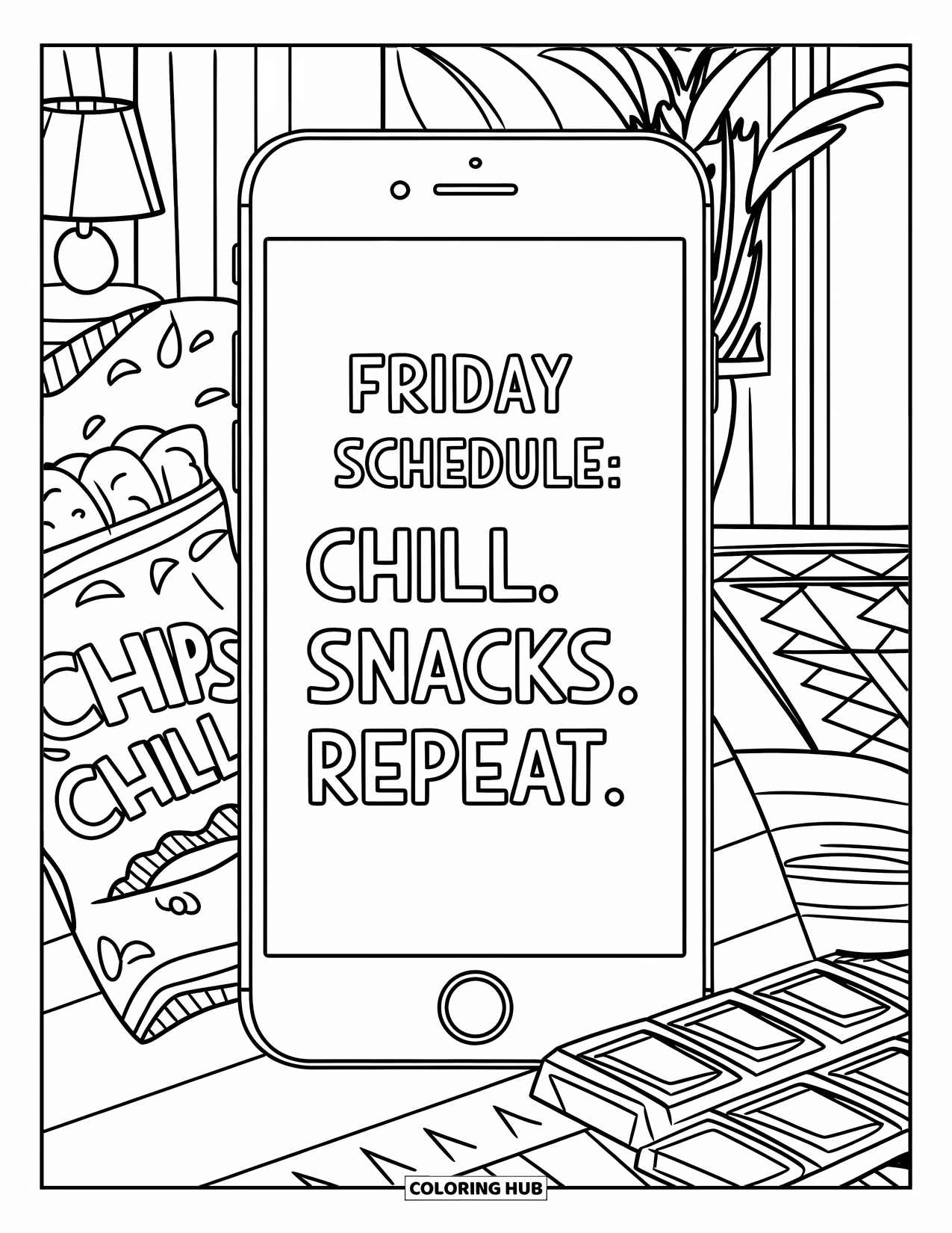 Friday Coloring Page for Kids: Phone shows "Friday Schedule: Chill. Snacks. Repeat." with snacks nearby