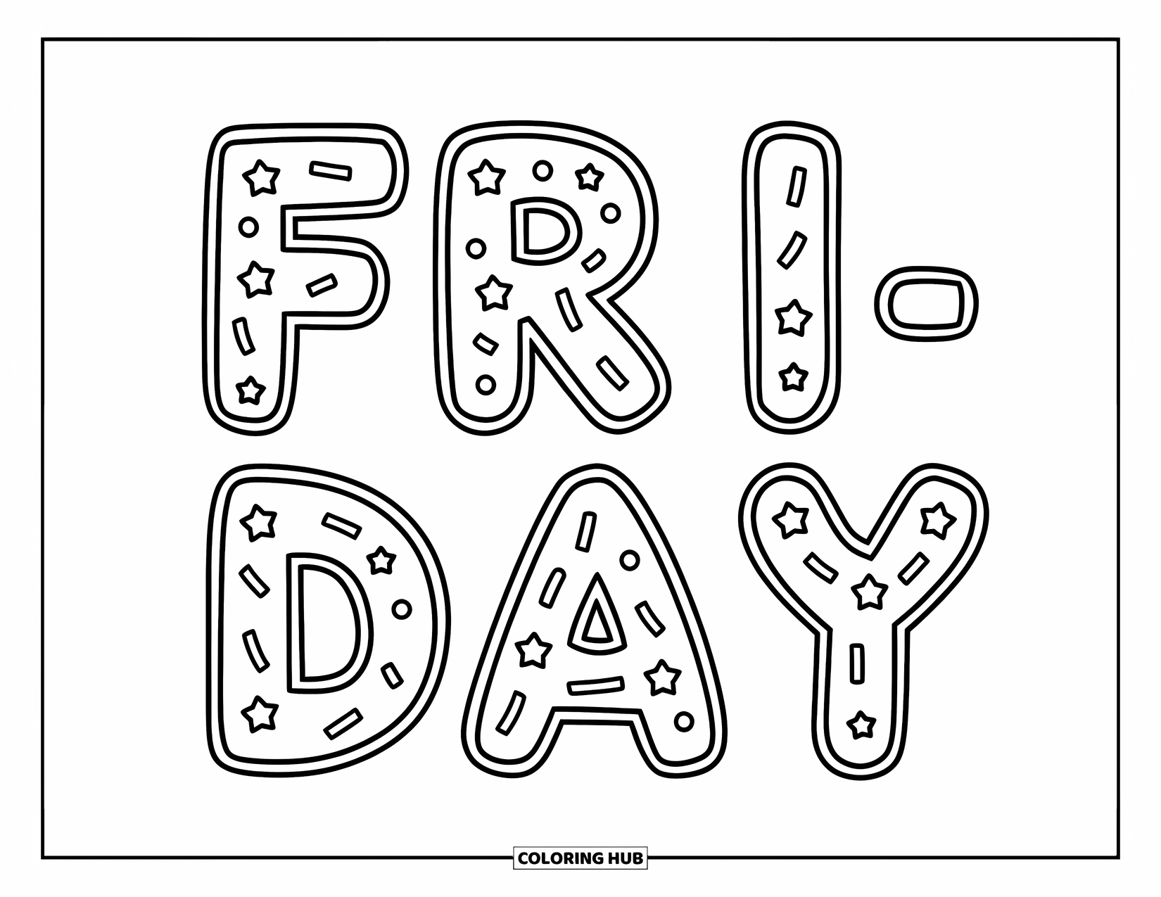 Friday Coloring Page for Kids: Playful balloon "F-R-I-D-A-Y" letters with stars and confetti sprinkled around