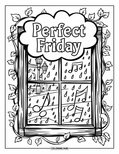 Coloriage de vendredi pour enfants : Une fenêtre pluvieuse encadrée de lierre, des notes de musique et une bulle de pensée "Perfect Friday"