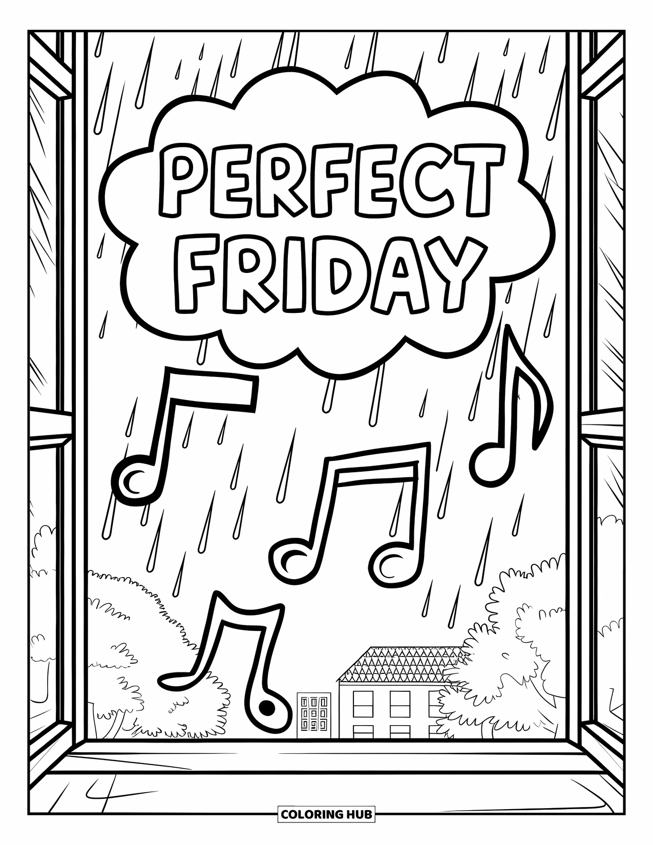 Friday Coloring Page for Kids: Rainy window view with music notes and "Perfect Friday" thought bubble