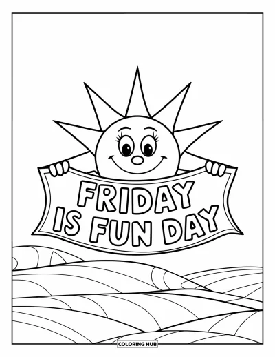 Coloriage de vendredi pour enfants : Un soleil souriant dont les rayons forment une banderole "Friday is Fun Day" au-dessus de collines