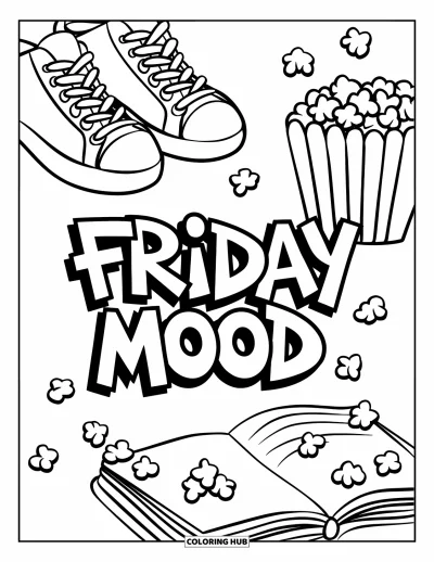 Coloriage de vendredi pour enfants : Des baskets, du popcorn, un journal et "Friday Mood" en lettres graffiti