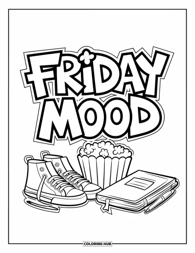 Coloriage de vendredi pour enfants : Des baskets, du popcorn, un journal ouvert, un stylo et le texte graffiti "Friday Mood"