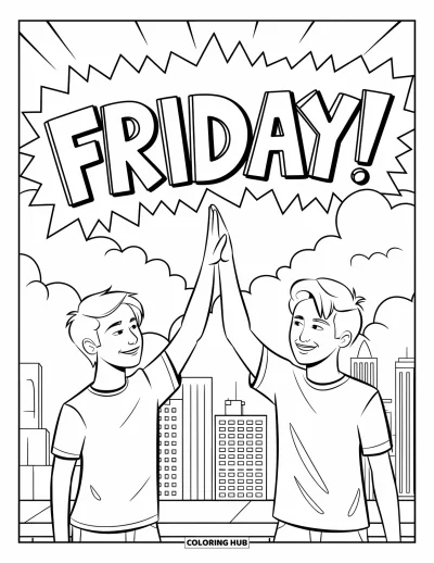 Coloriage de vendredi pour enfants : Des adolescents se tapent dans la main avec "FRIDAY!" dans le ciel d'une ville