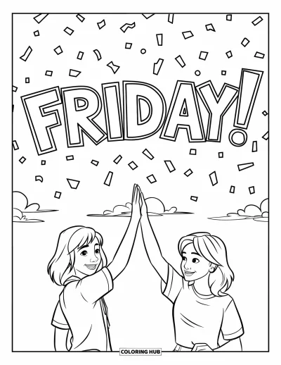 Coloriage de vendredi pour enfants : Deux ados se tapent dans la main avec "FRIDAY!" épelé en confettis