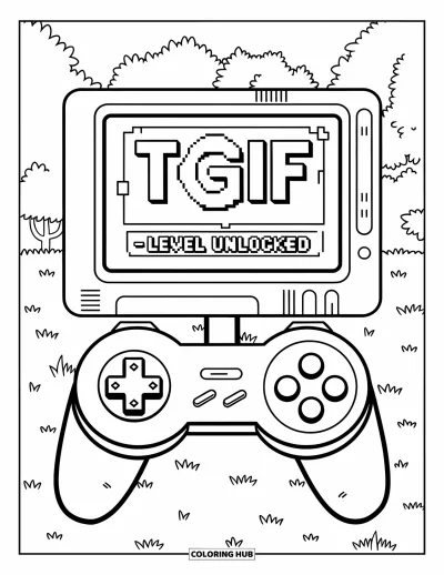 Coloriage de vendredi pour enfants : Une manette de jeu avec un visage souriant et "TGIF - Level Unlocked" à l'écran