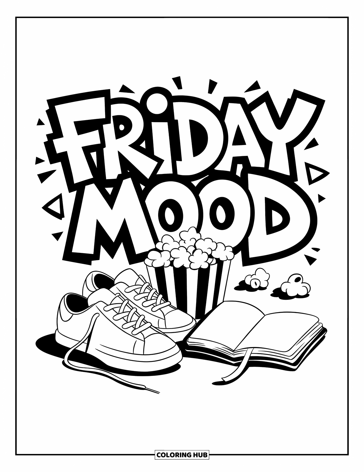 Friday Coloring Page for Kids: Weekend doodle: sneakers, popcorn, open journal, "Friday Mood" above
