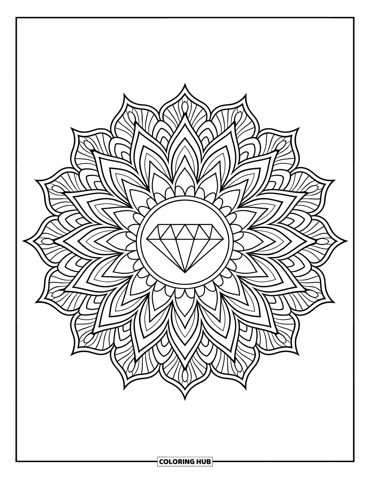 Gem Coloring Page for Adults: A diamond rests at the heart of intricate mandala petals