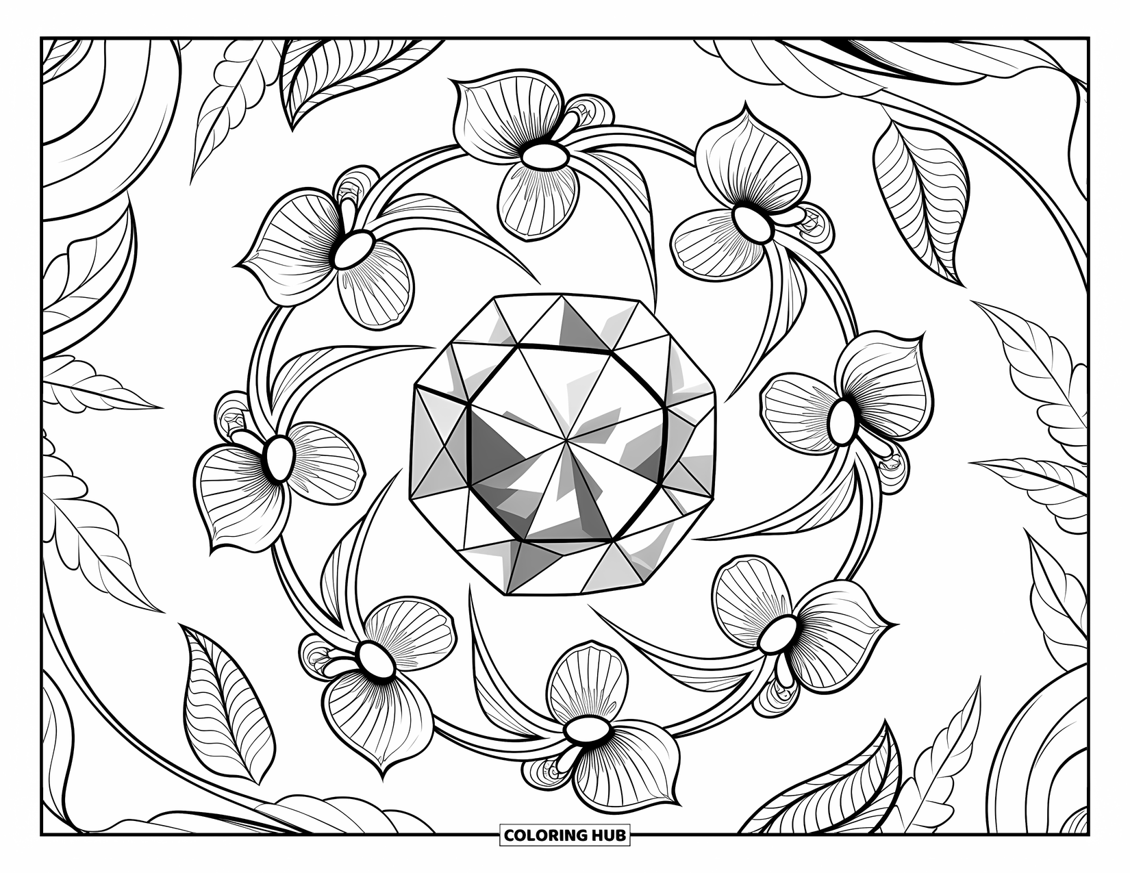 Gem Coloring Page for Adults: A faceted topaz shines at the center of swirling flowers and vines