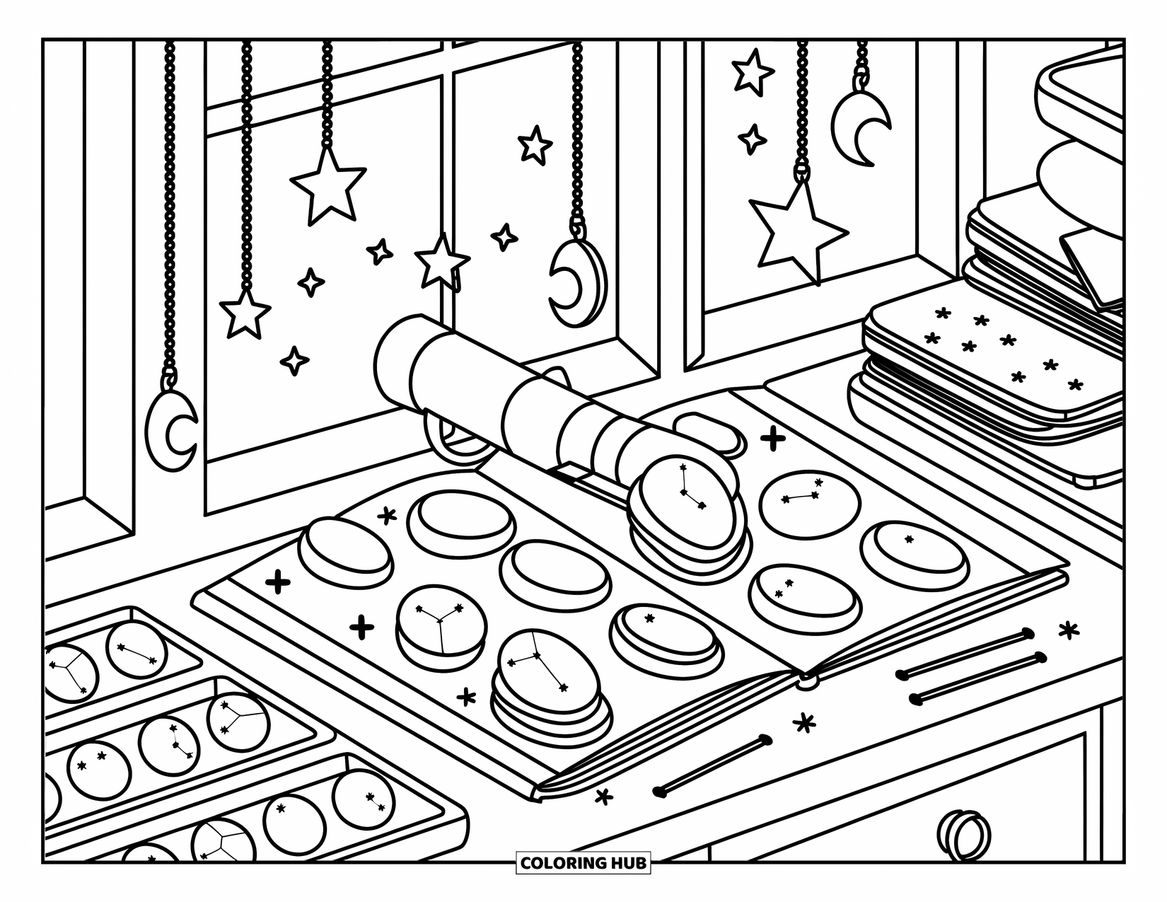 Gem Coloring Page for Adults: A stargazing desk with a telescope, maps, and glowing opal gems