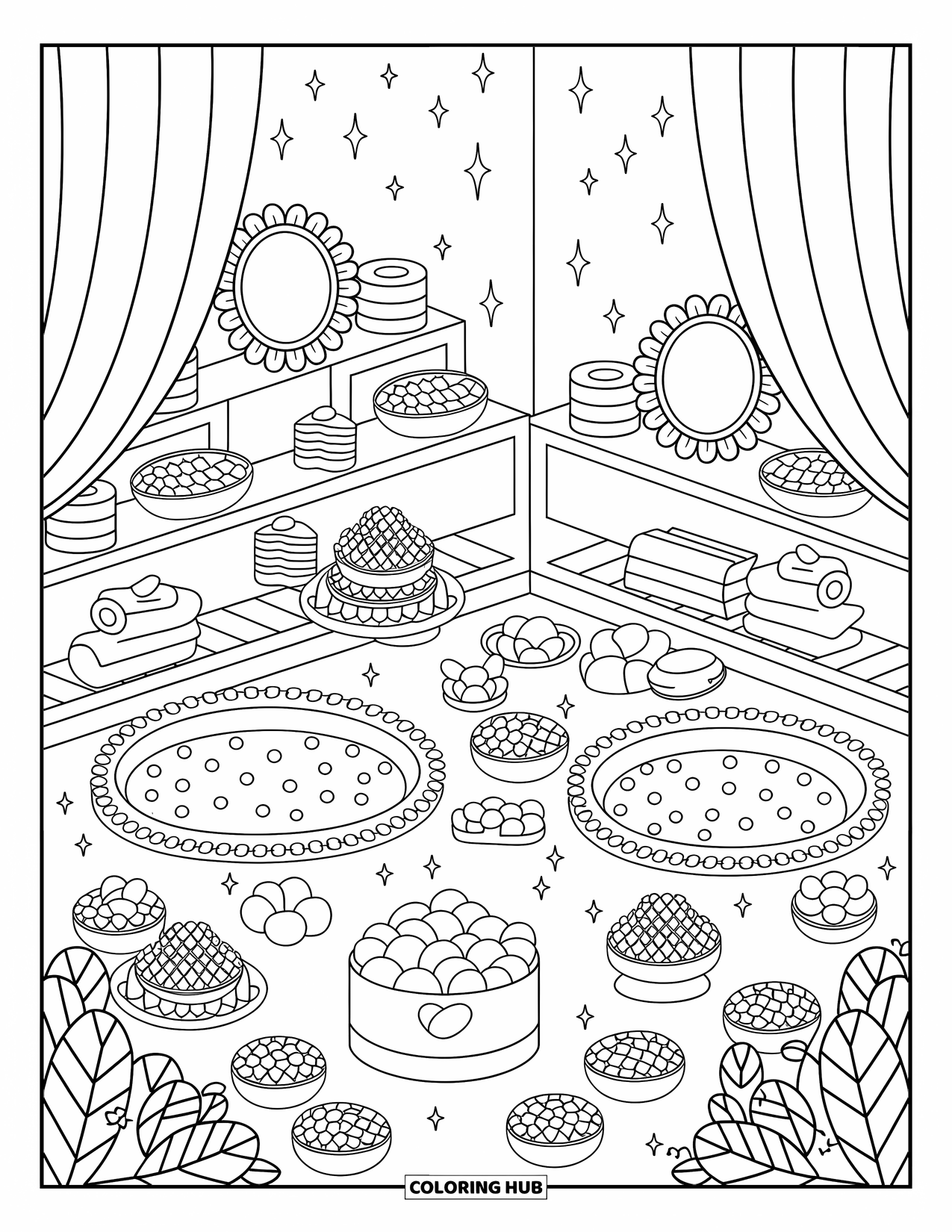 Gem Coloring Page for Adults: Aquamarine gems sparkle beside crystal combs and gem rollers