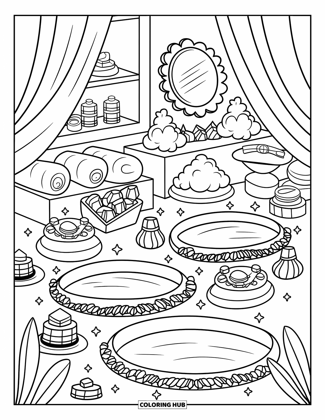 Gem Coloring Page for Adults: Curtains and droplets frame a calming aquamarine spa retreat