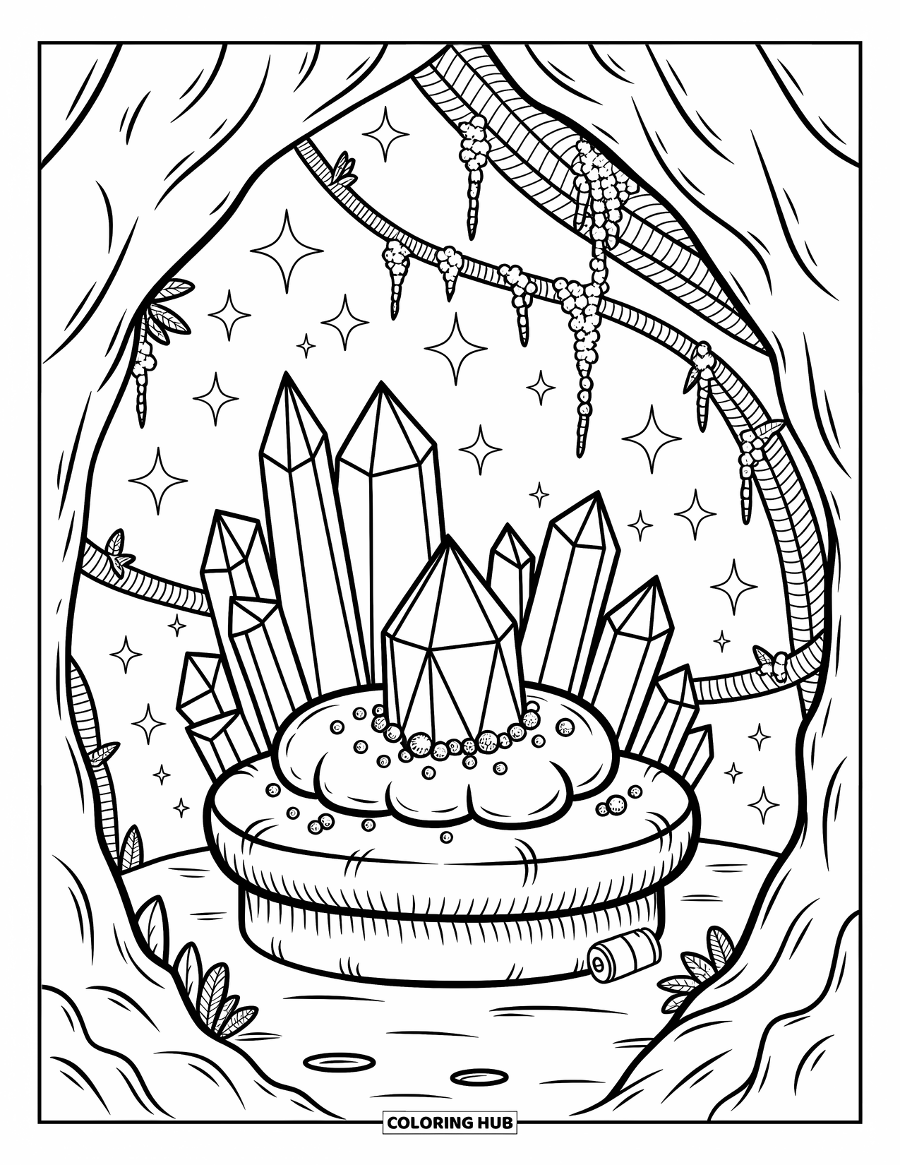 Gem Coloring Page for Adults: Mossy vines and cobwebs decorate a sparkling amethyst cavern