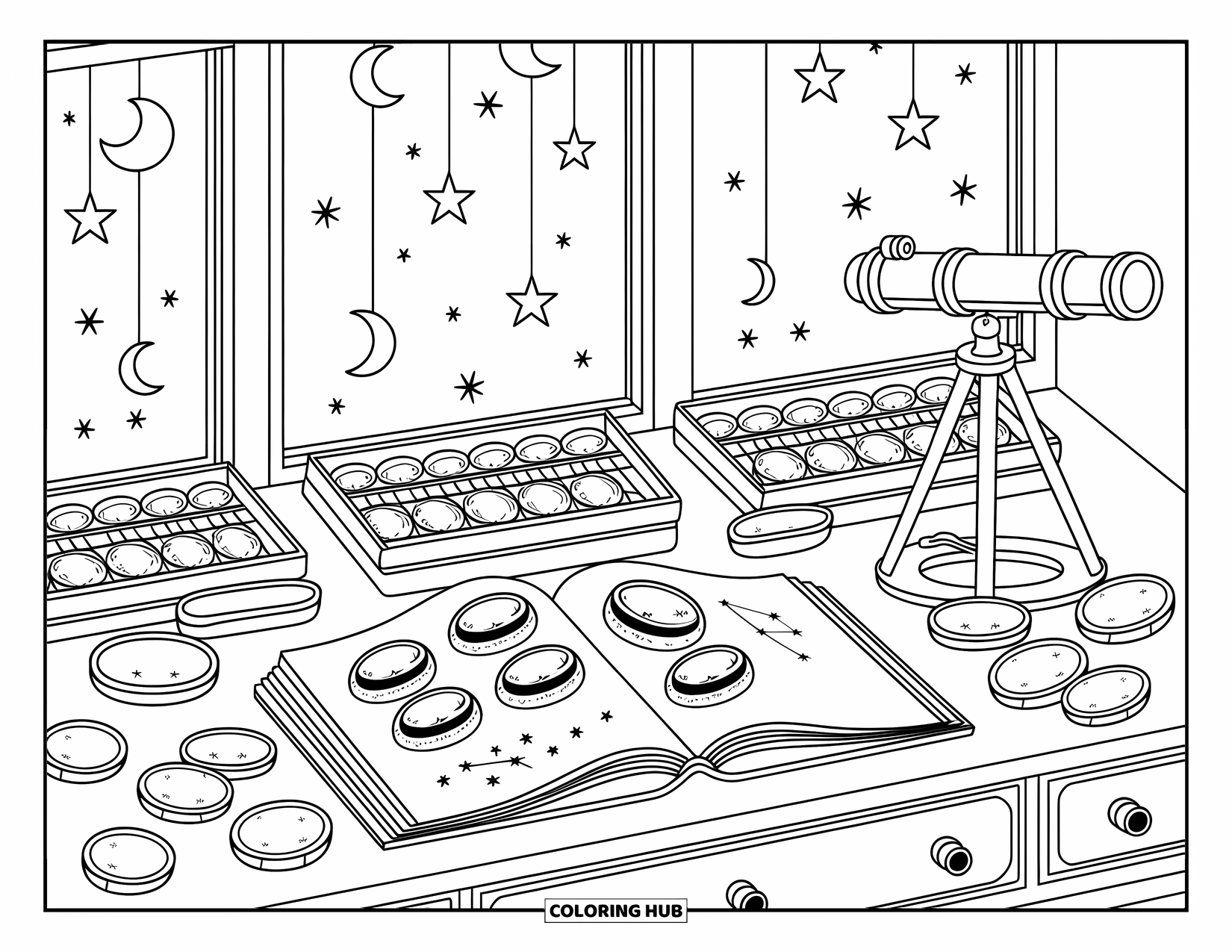 Gem Coloring Page for Adults: Opal gems rest on trays beside constellation books and a telescope