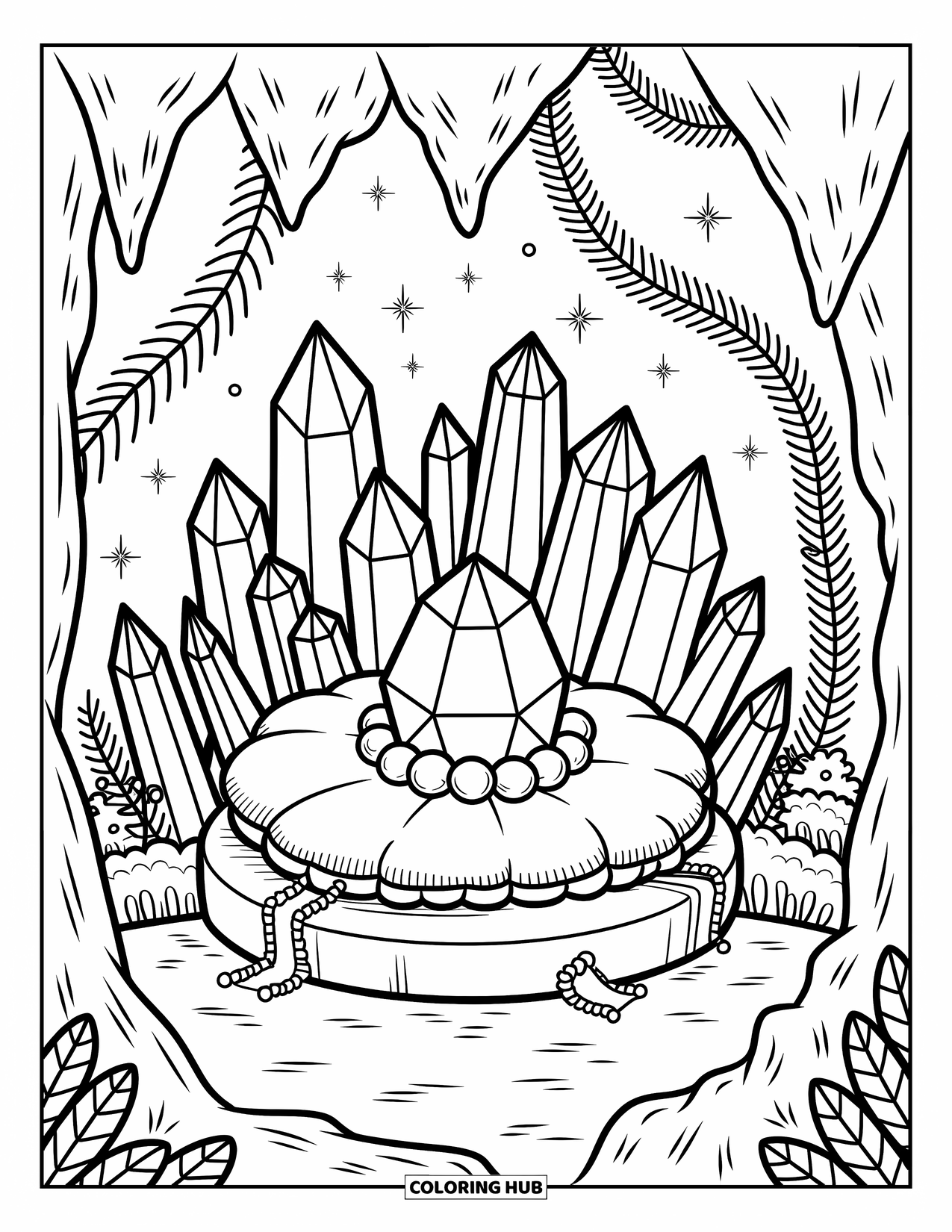 Gem Coloring Page for Adults: Tiny scrolls and pouches hide among glowing amethyst crystals