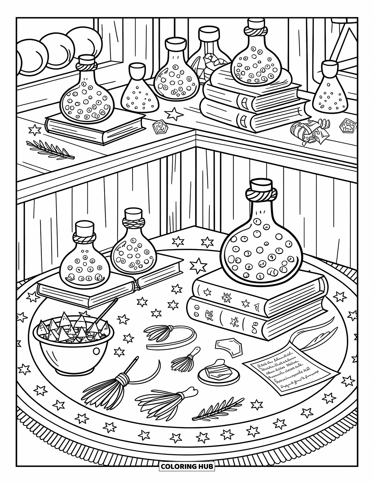 Gem Coloring Page for Adults: Topaz crystals float inside bottles on a cozy potion counter