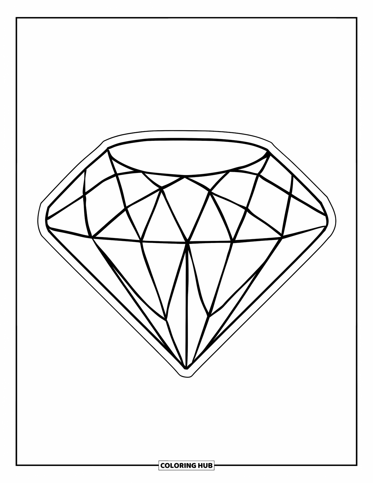 Gem Coloring Page for Kids: A faceted diamond with bold outlines on a white background