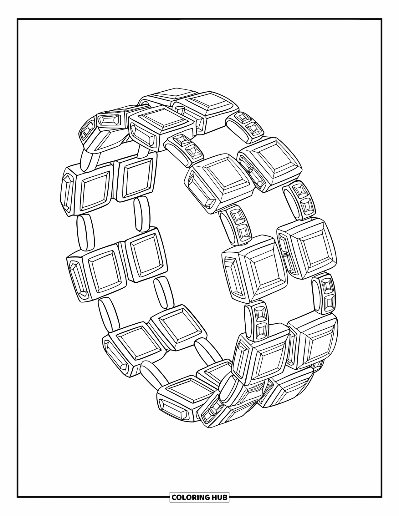 Gem Coloring Page for Kids: A gem bracelet wrapped around a cylinder with emeralds and rubies