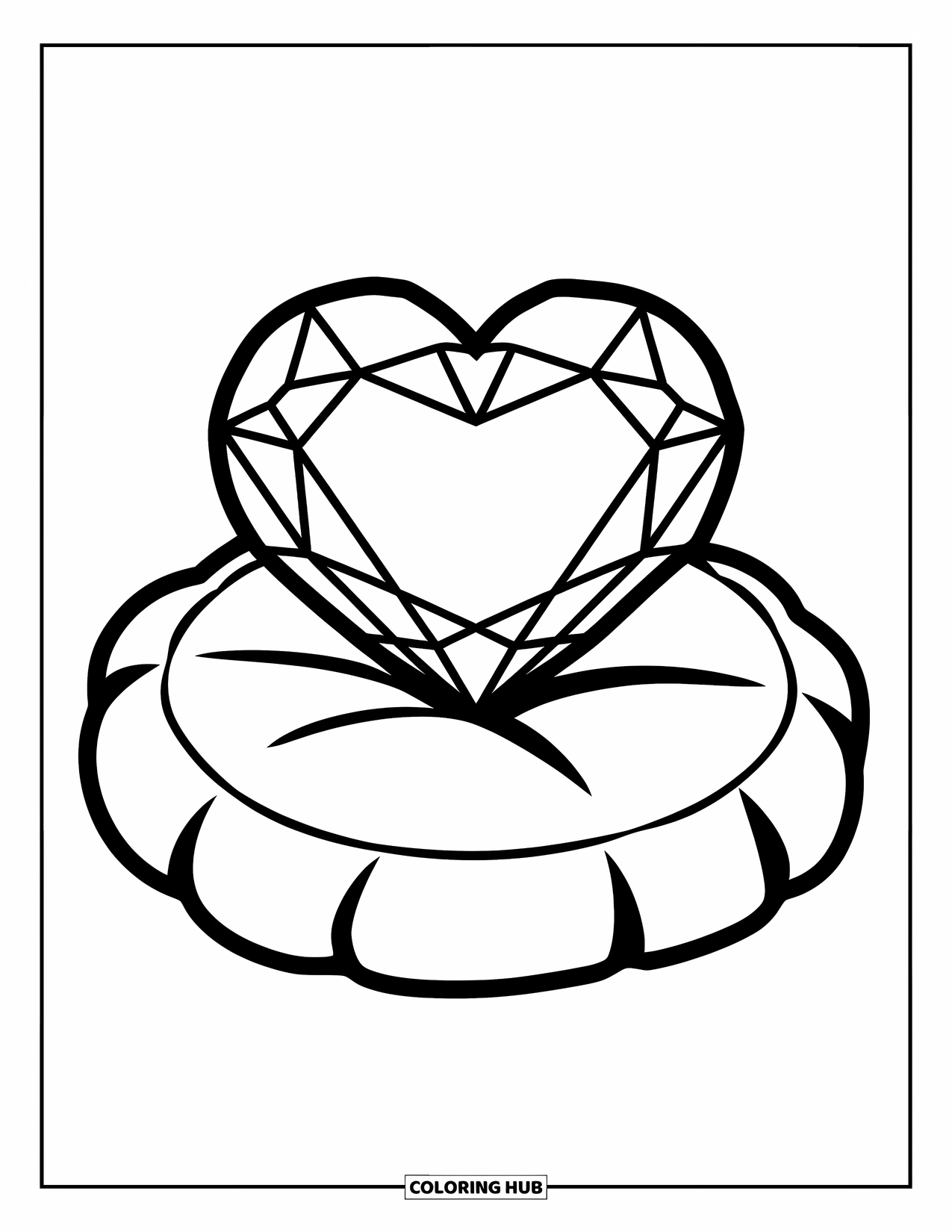 Gem Coloring Page for Kids: A heart-shaped ruby resting on a round cushion