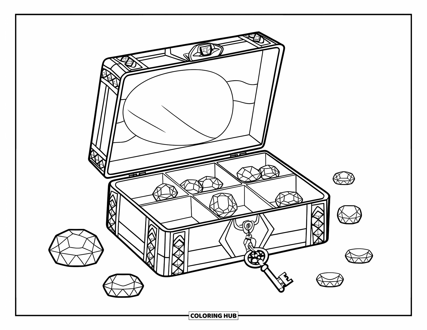 Gem Coloring Page for Kids: A jewelry box filled with rubies, amethysts, and peridots with a lock and key